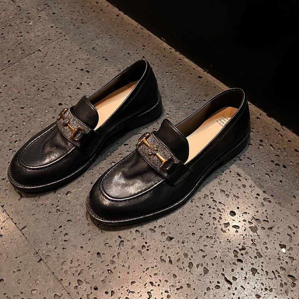 High Quality | 2.5cm British Style Brown Loafers Women's One-pedal Low-heeled Beanie Small Leather Shoes Horse Buckle Single Shoes