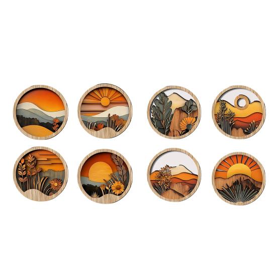 4 Pcs Boho Wall Art, Bohemian Sunset Mountain Plant Wall Decor, Wooden Round Circle Hollow Out Farmhouse Hanging Ornament for Bedroom, Living Room