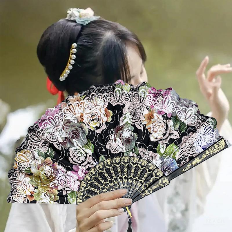 1PC Silk Fan Decoration Fans Floral Pattern Dance Tassel Vintage Folding Fan Hand Fan