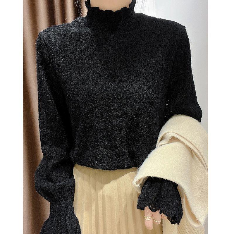 

Высокий воротник, подбитый кружевной низ рубашки женщин высокого класса темперамент утолщенный внутри маленькой рубашки французская сетчатая блузка S