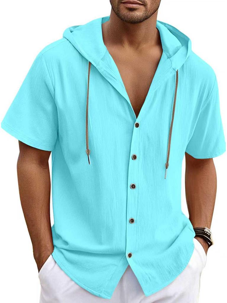 Men's Casual Lightweight Cotton Linen Short-Sleeve Hoodie Cardigan