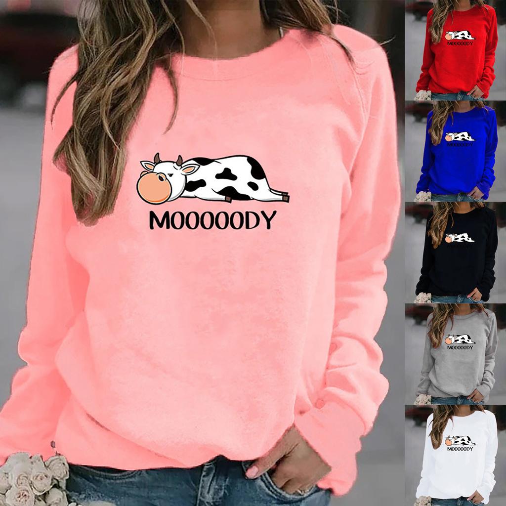 Women's Fashion Cow Printed O- Neck Long Sleeve Loosen Sweatershirt Top