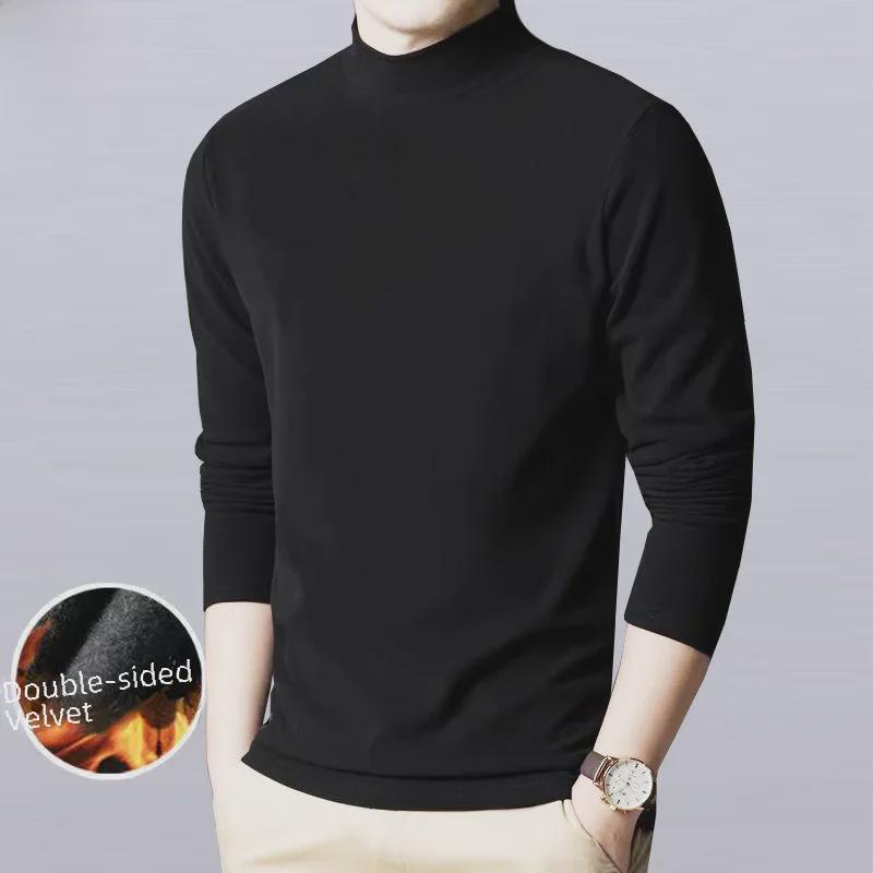 

Men s Printed Warm Long-Sleeve Velvet T-Shirt with Double-Sided Velvet and Half-High Collar – Autumn/Winter Style XL