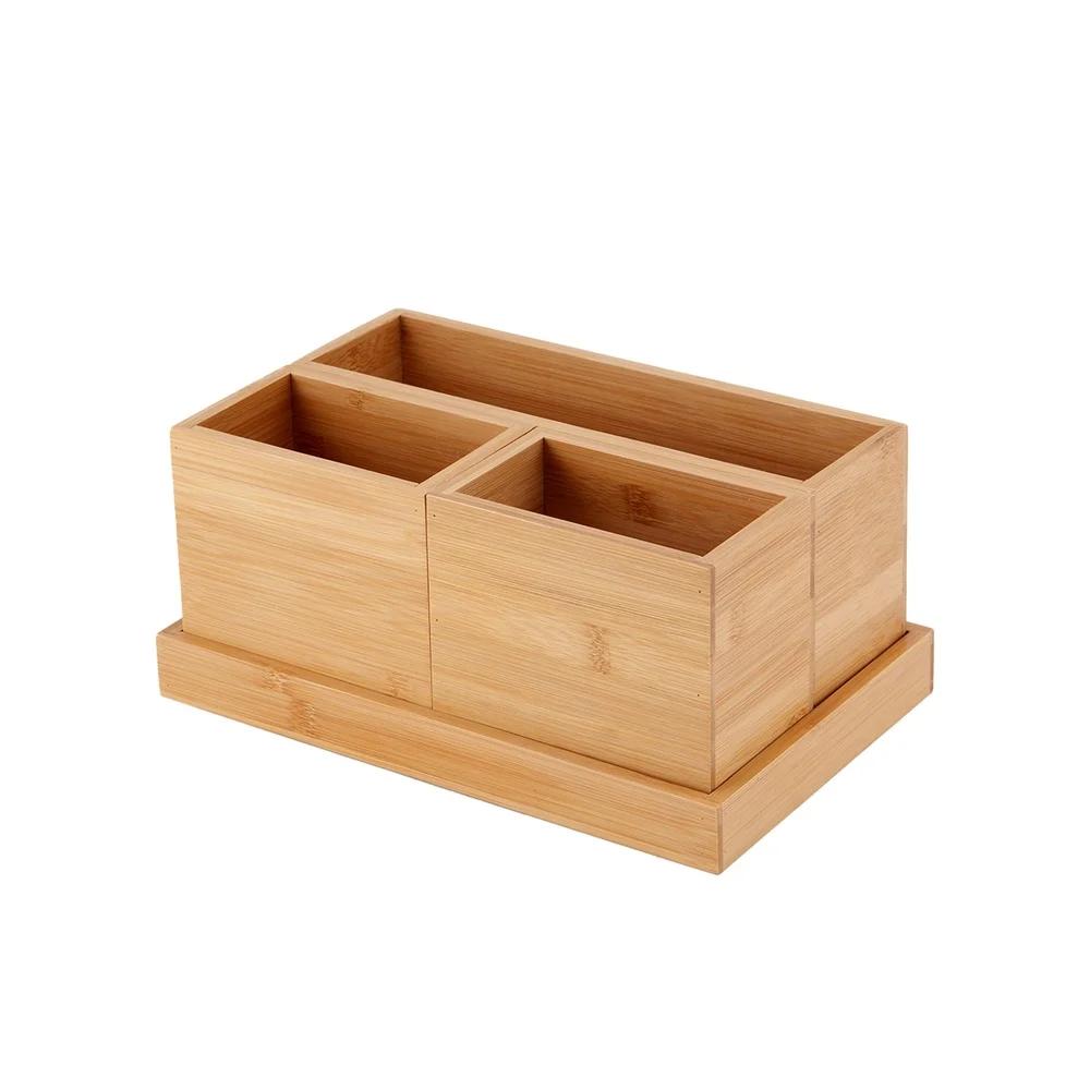 Bamboo Bathroom Organizer Set 4-Piece with Removable Boxes Stylish Cosmetic and Toiletry Storage Solution Eco-Friendly Design
