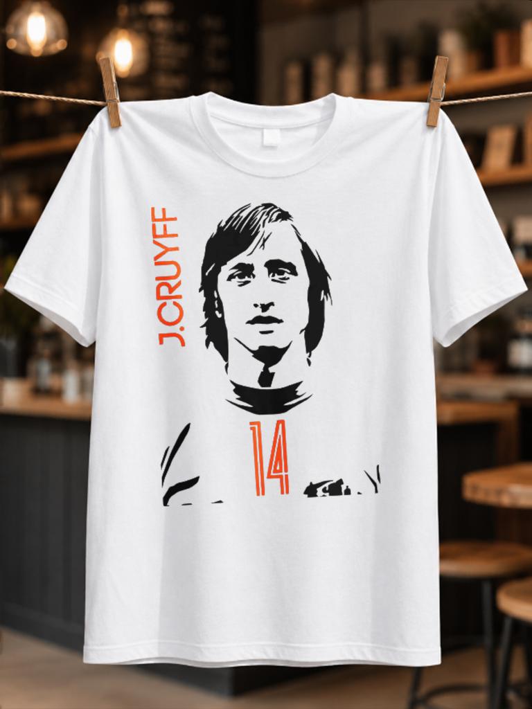 J Cruyff 14 Football Portrait Stencil Face With Orange Number And Vertical Name Classic Soccer Fan Unisex All Tshirt