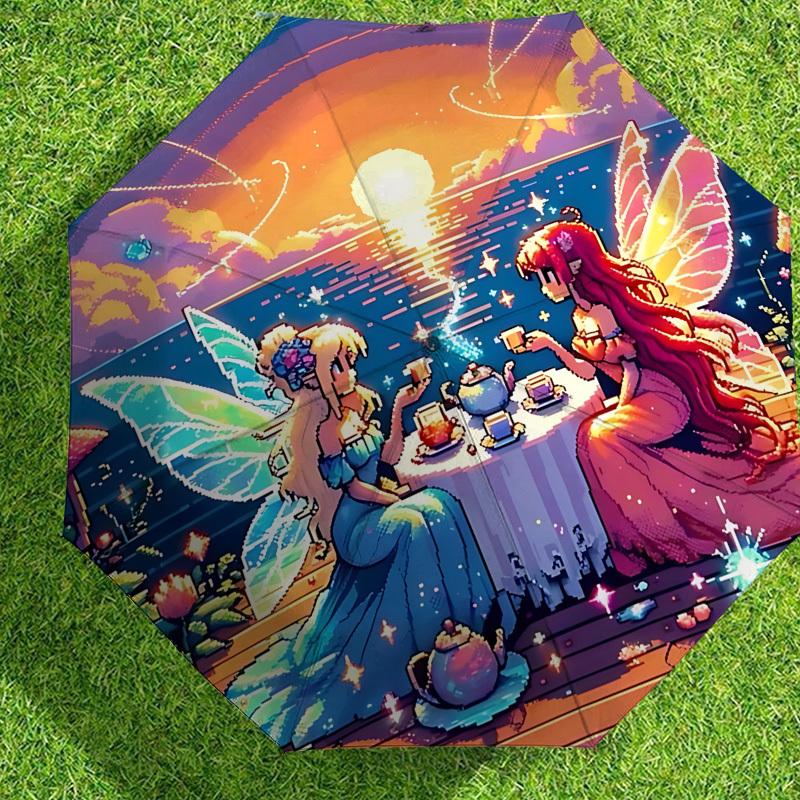Enchanted Fairy Tea Party Umbrella: A Magical Companion for Outdoor Adventures, Automatically Opens/Closes, Lightweight and Durable,