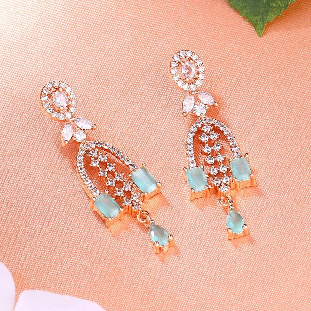 Estele Designer Rose Gold CZ Shooting Star Mint Green Stone Earrings for Women