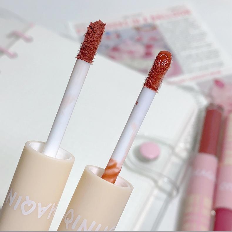 SHAQINUO ორმაგი დაბოლოების პომადა, მქრქალი ტუჩის მინანქარი სარკისებური ტუჩის სიპრიალის გრძელვადიანი ფერის წყალგაუმტარი 2 ფერის პომადა