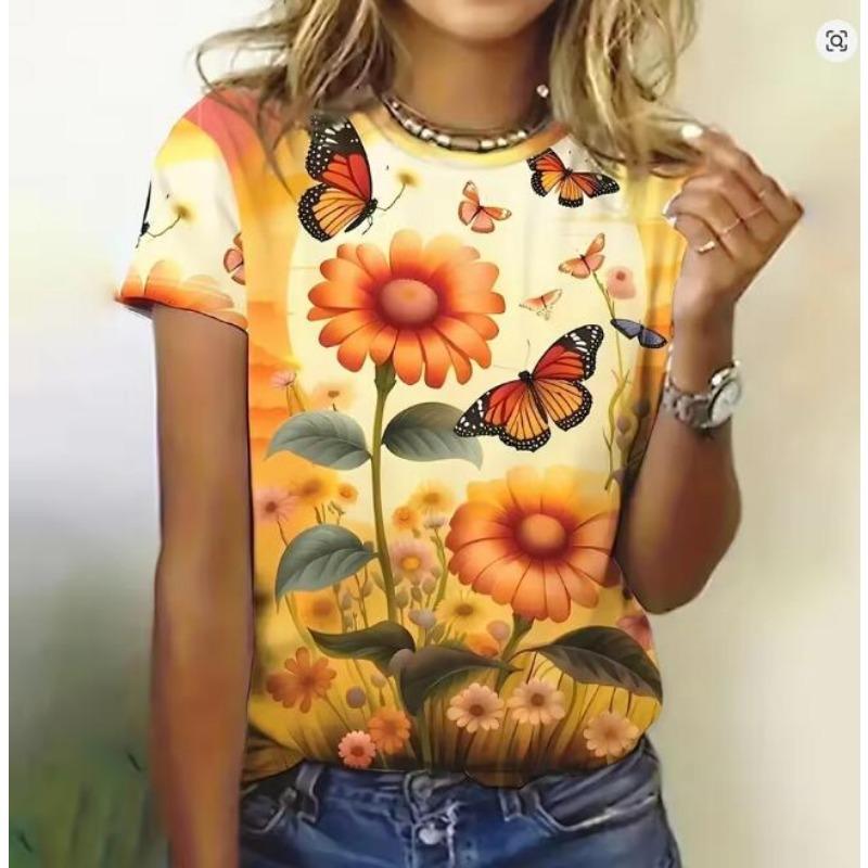 Women's T Shirt Flower Graphic 3D Print Summer Casual Short Sleeve Female Clothes Outdoor Crew Neck T-Shirts Street Fashion Tops