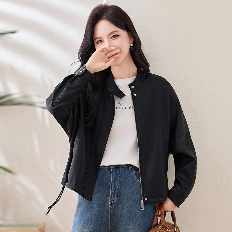 Leather jacket women's short spring and autumn new loose fashion stand-up collar jacket jacket small casual motorcycle clothes