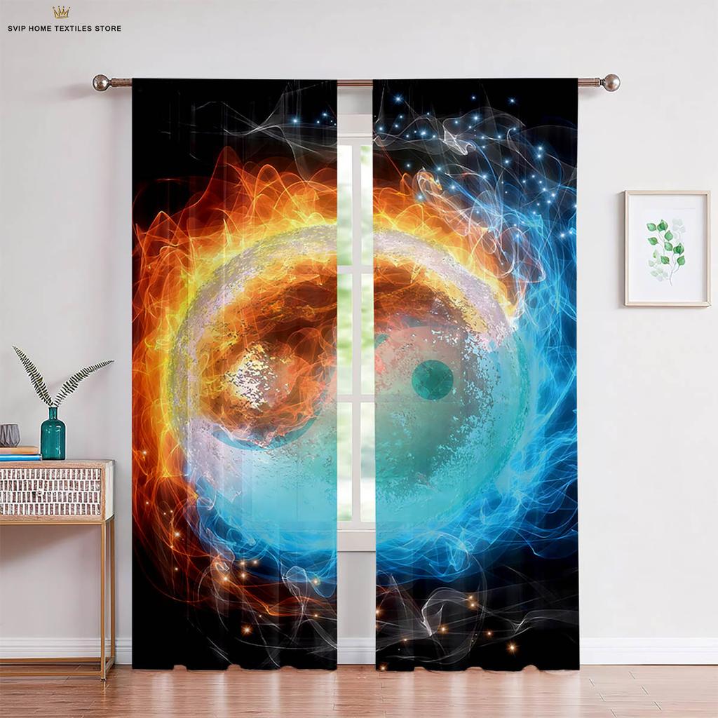 Creative Printed Curtains for Bedroom, 2-Piece Set of Water, Fire, Tai Chi and Two-Pole, Living Room and Kitchen Decorations