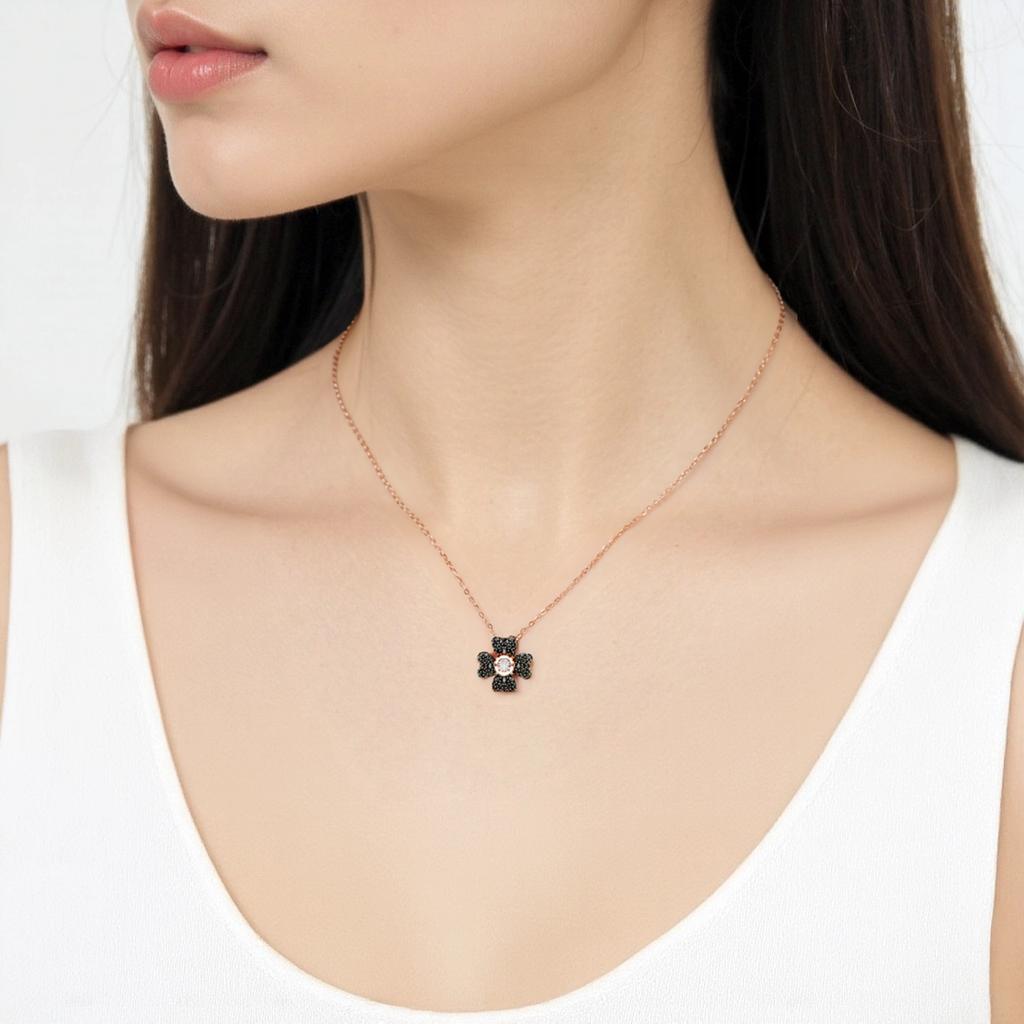 Swarovski Four Leaf Clover Pendant Necklace Rose Gold Tone Women Necklace Black 5714901