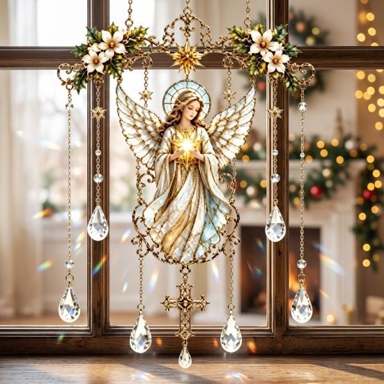 Elegant Indoor Hanging Decor Stained Glass Effect Blessing Suncatcher, Acrylic Angel Prayer Window Sun Catcher for Windows Ornament with Faux Crystal