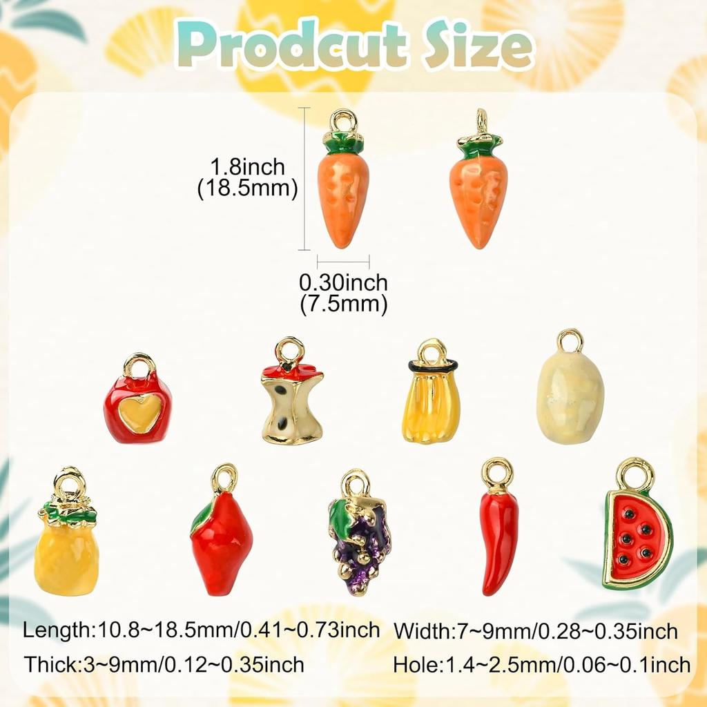 LiQunSweet 20 pcs 10 Styles Vegetable and Fruit Enamel Charms Watermelon Strawberry Banana Carrot Charms for DIY Jewelry Bracelet Necklace Earring
