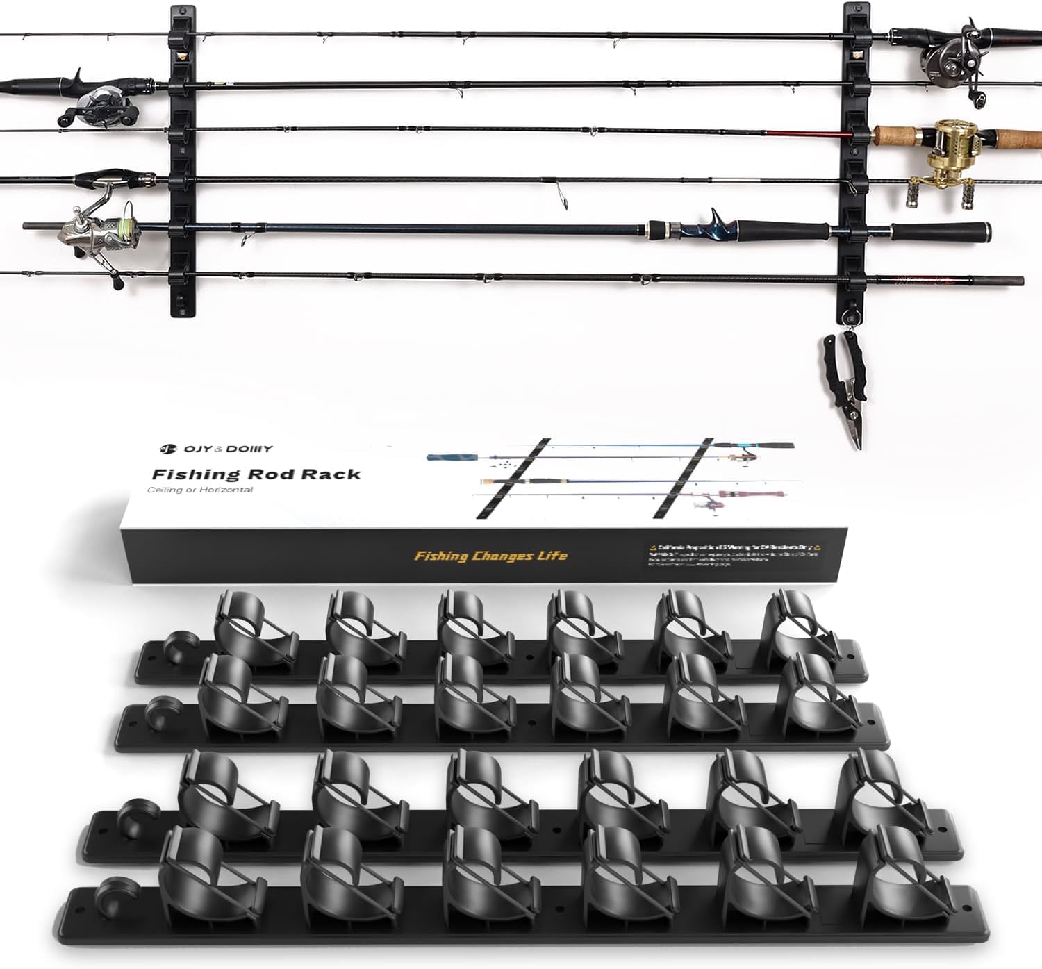 Настенная стойка для удилищ OJY & DOIIIY, экономящая место, вмещает 12 удилищ [Кольцо из дуба с одним касанием], Конструкция для защиты удилищ, Вертикальное/Горизонтальное/Потолочное крепление