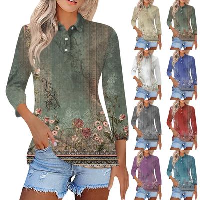 Kadın Modası Rahat Yaka 3/4 Kol Baskılı Gömlek Kadın Düğmeli Üstler