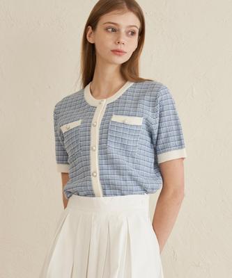 210EDIT Campore Tweed Short Sleeve Knit Cardigan_Ze2Sw664_Blu
