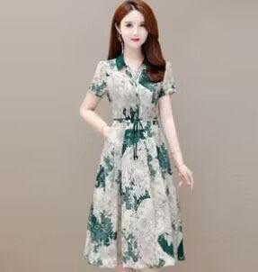 Women s Peter Pan Collar Short Sleeve Milk Silk Midi Dress Loose A Line Floral Print Drawstring Waist Elegant Commute Dress M зелёный