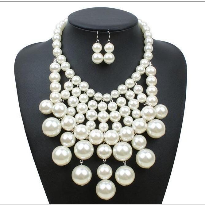 Neues Temperament des Herstellers modische mehrlagige Imitationsperlen-Halskette Ohrring-Set personalisierte Schlüsselbeinkette für Damen