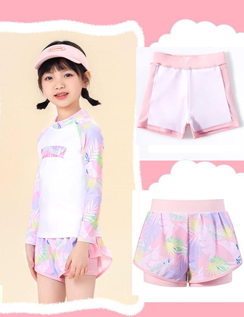 AILAYRI Kids' Swimsuit, Girls' Two-Piece Rash Guard Set, Long Sleeves and Shorts, UV Protection, Quick-Drying, for Pool Use (2XL, Pink)