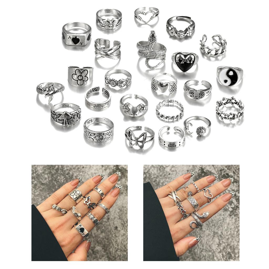 Pack of 24 Stylish Silver Gothic Rings for Men and Women Y2K Style Featuring Skull Cross Heart and Butterfly Elements
