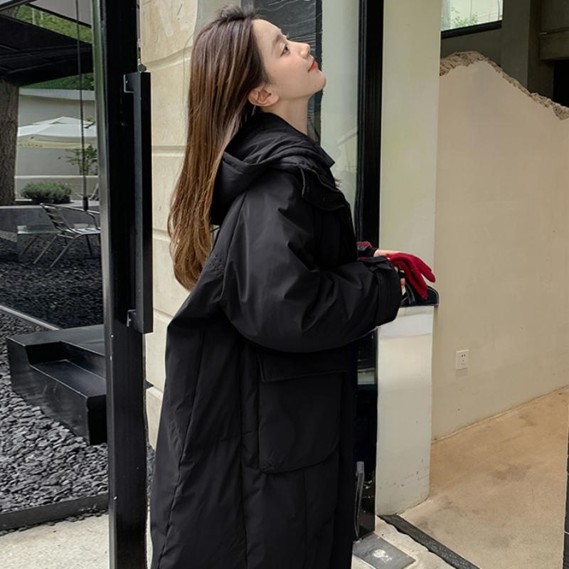 Grüne Daunenjacke für Damen mit Kapuze, lange Baumwolle, Kleidung für den Winter, neue koreanische Mode, lose Übergröße, warm, verdickt, winddicht, Mantel, Tops