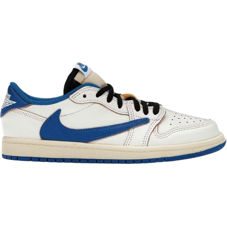 Fragment Design x Travis Scott x Air Jordan 1 Retro Low OG SP PS Sail Military Blue Kindersneaker Creme Schwarz Muslin DO5442-104