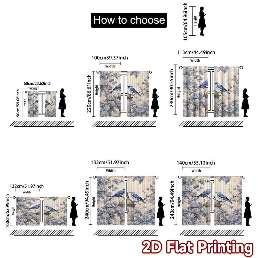 2D FLAT PRINTING 2pcs Curtains (Without Rod) Vintage Bluebirds and Roses Fashionable Popular Curtains Polyester Curtains Room
