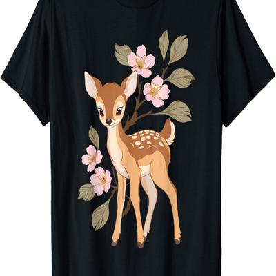 Cute Kawaii Graphic Deer Sakura Cherry Blossom T-Shirt