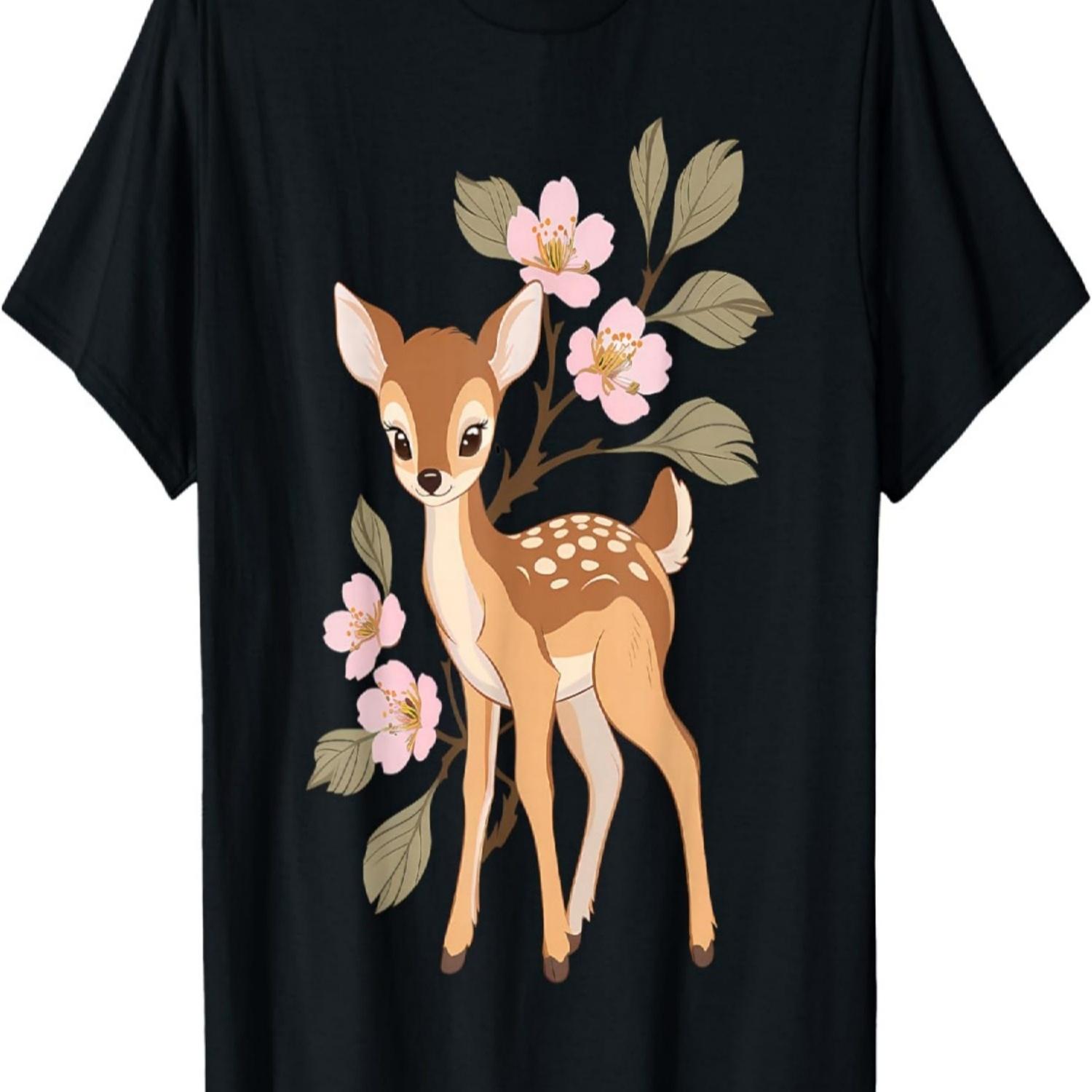 Cute Kawaii  Graphic Deer Sakura Cherry Blossom T-Shirt S чёрный