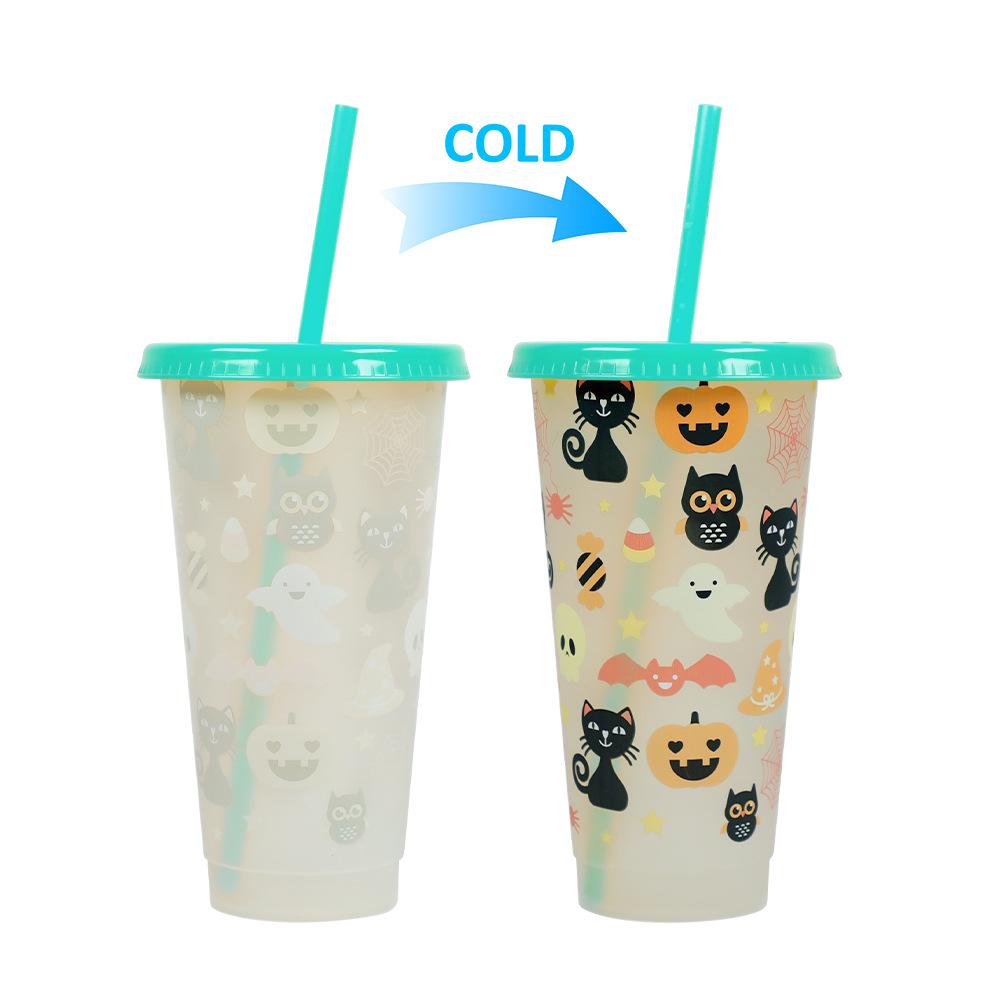 710ml PP Reusable with Straws Creative Water Cups Changing Colour Magical Plastic Cold Water Color Changing Cup for Halloween