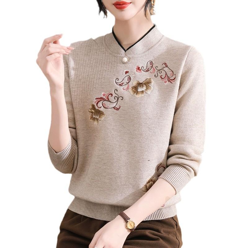 Embroidered Velvet Knit Sweater for Women - Autumn/Winter, Versatile & Warm for Middle-aged/Elderly