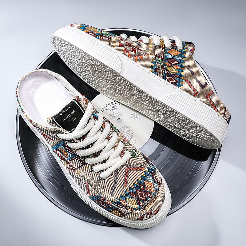 Men Half-slippers Summer New Sneakers Casual Mens Designer Ethnic Style Board Shoes Fabric Breathable Increased Internal