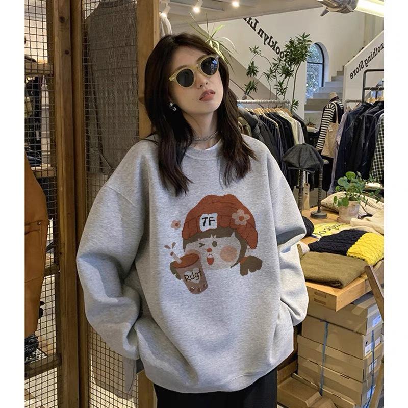 Women Cute Cartoon Print Thick Hoodie Ladies Autumn and Winter Round Neck Long Sleeve Pullover Sweatshirt Top for Student