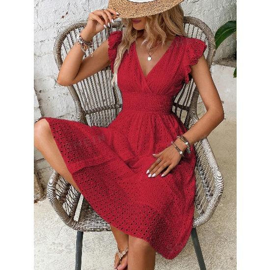 Women s Medium and Long Dress Jacquard Hollow and Thin V-neck Large Size Solid Color Dress S красный