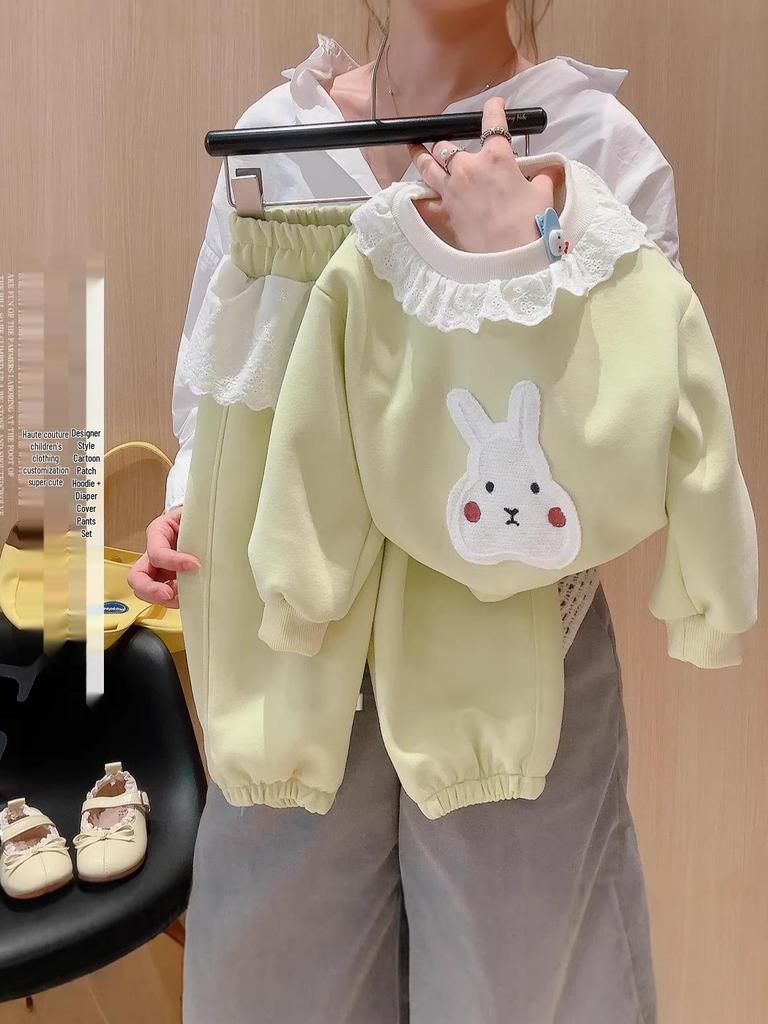 Spring Girls' Korean Style Cute Rabbit Lace Hoodie & Sweatpants Set
