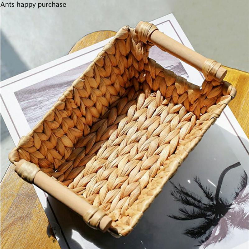 Hand-woven Storage Basket Rattan Storage Box Rectangular Storage Tray Desktop Grocery Organizer Fruit Basket Snack Bread Baskets