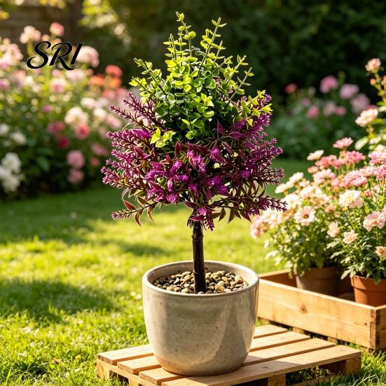 Indoor Outdoor Faux Plants Artificial Lavender Topiary Tree with Ground Spike UV Resistant Plant Decoration Shrubs Realistic Fake Purple Flower Bushes