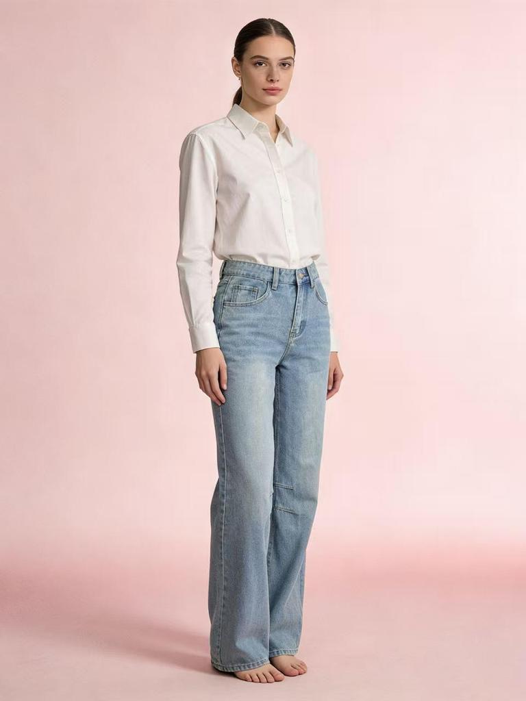 European and American Retro Women's Wide-Leg Mid-Waist Jeans