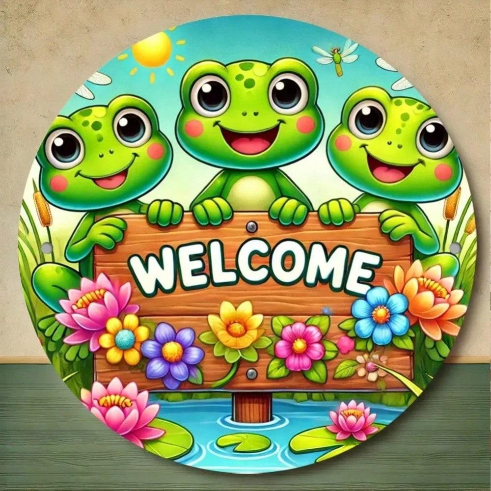 Metal Frog Welcome Sign 16 Inch Rustic Garden Wall Art Handmade Vintage Outdoor Decor
