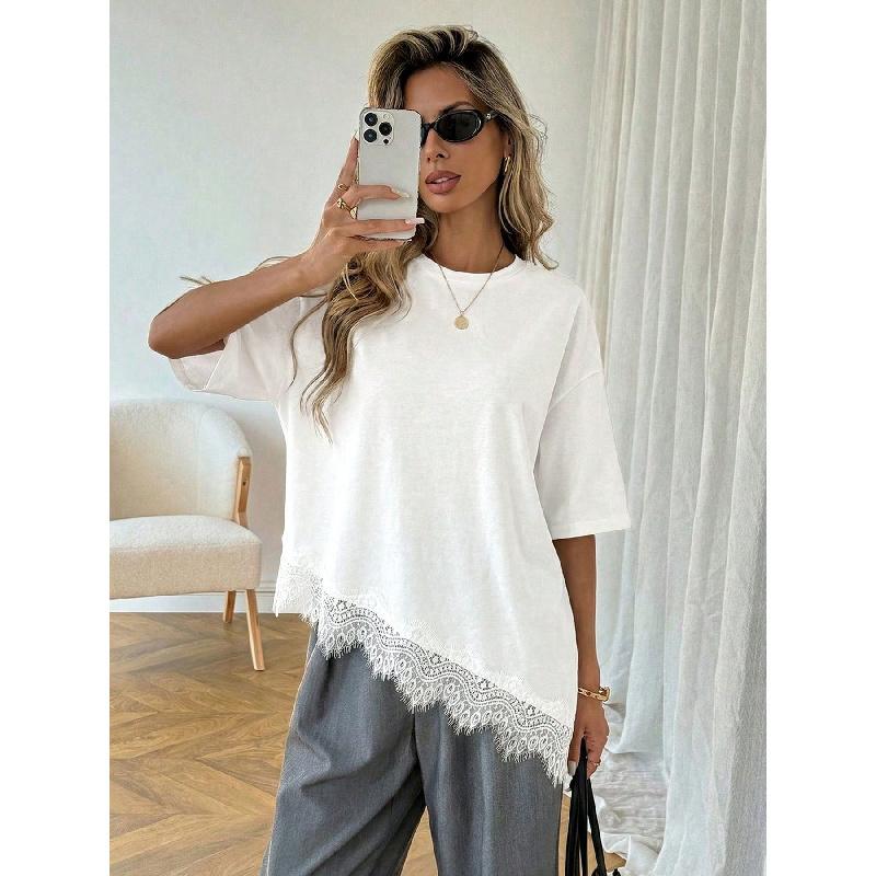 2026 Women's Short Sleeve Asymmetrical Lace Patchwork T-Shirt Loose Bat Sleeve Top