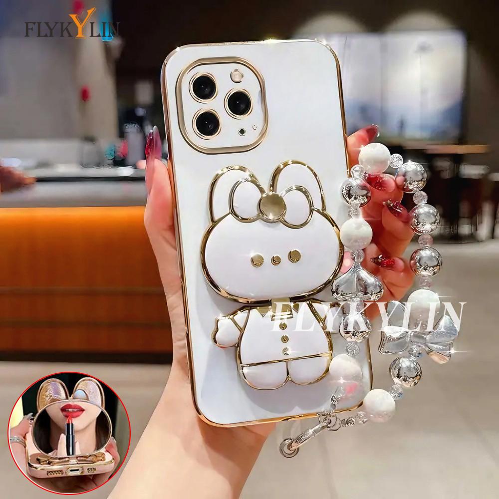 

Phone Case For Honor 400 Smart Lite 200Pro 300 100 90 80 70 60 50SE Rabbit Mirror Bracket Soft Shell With Pearl Knot Bracelet For Honor 400