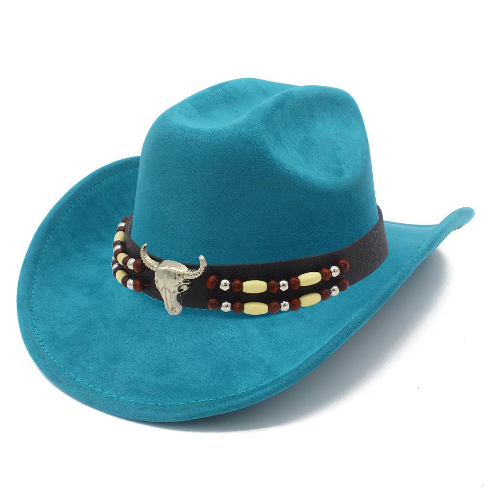 European and American Retro Ethnic Style Suede Top Hat Fashion Big Eaves Western Cowboy Hat Personalized Bull Head Tibetan Jazz Hat