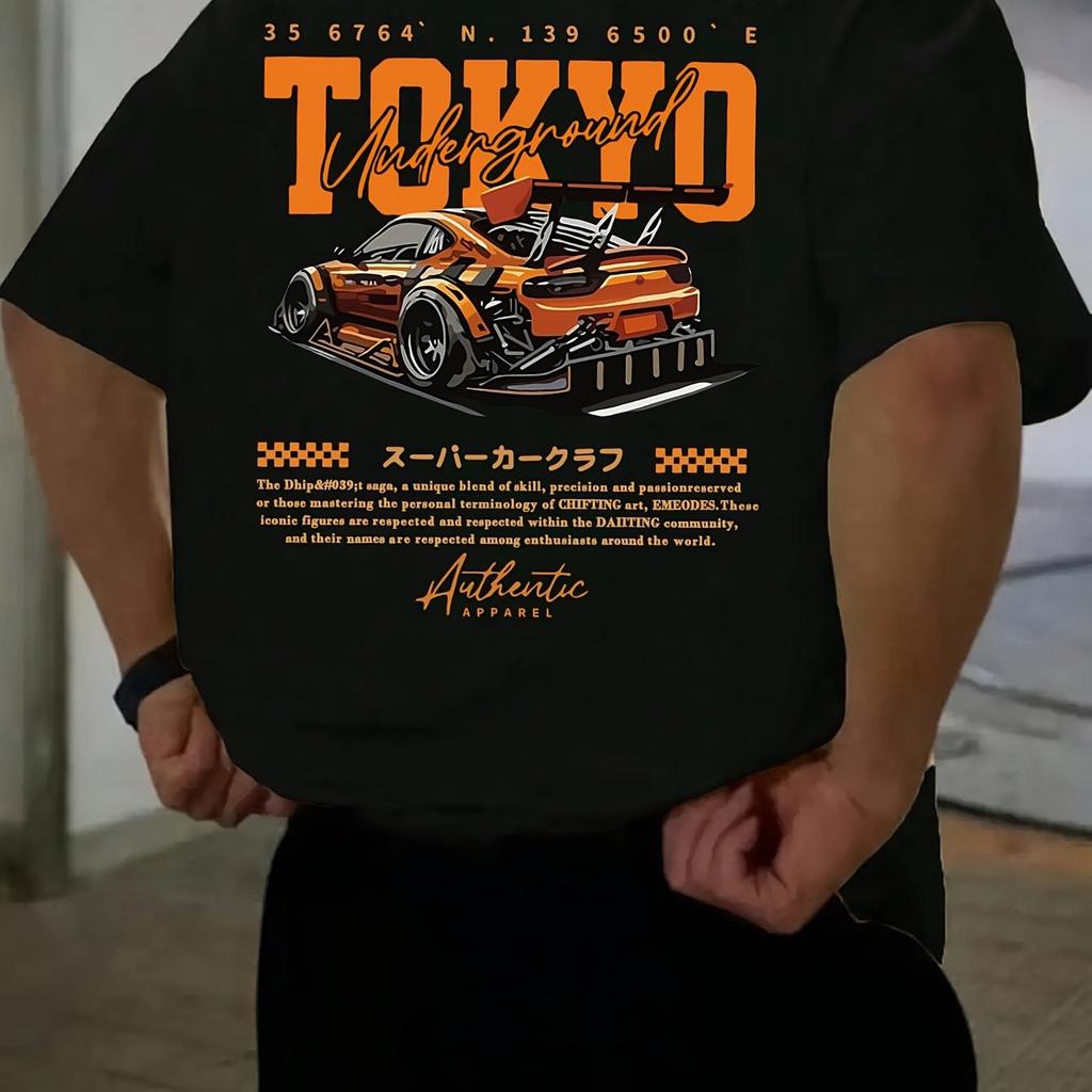 Mens Summer 100 Cotton Fashionable Casual Loose Large Size Japanese Tokyo Pattern Printed Round Neck Short Sleeve Tshirt Top