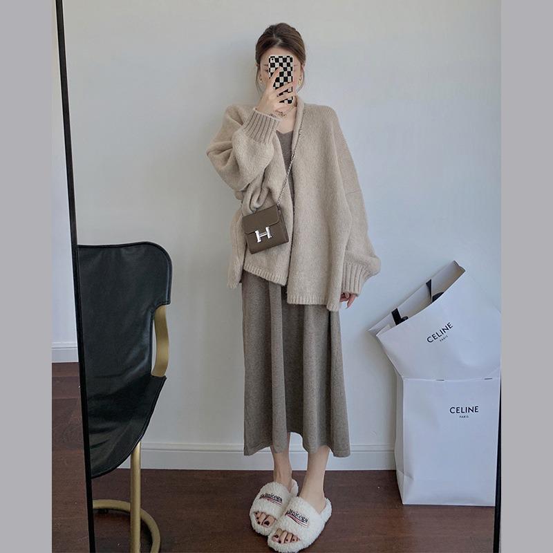 2024 New Korean Lantern Sleeve Drop Shoulder Cardigan - Loose Knitted Sweater for Women, Autumn Winter