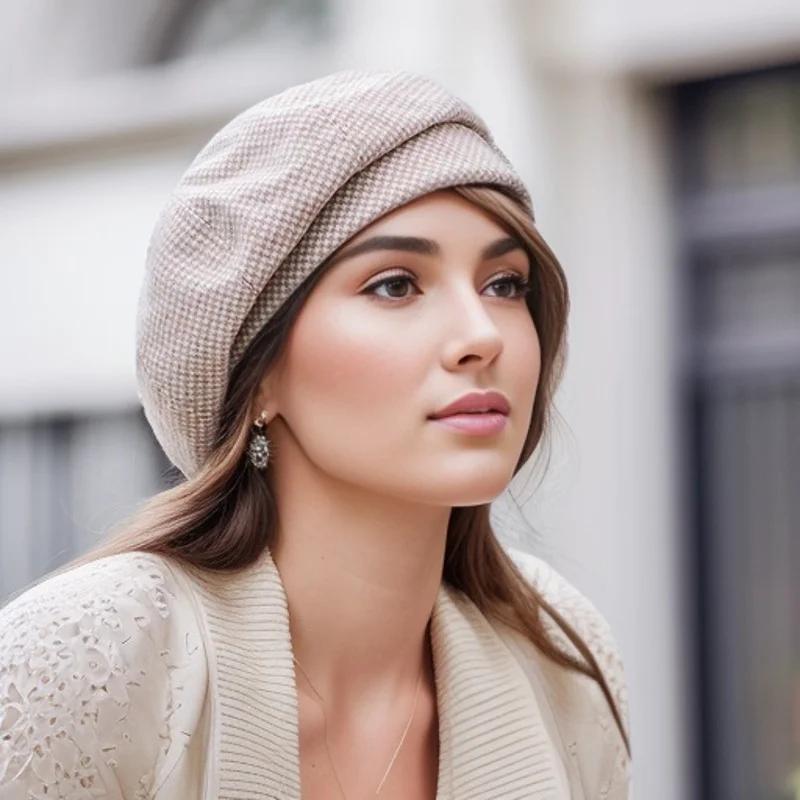 Semplice berretto di lana da donna per elegante signora invernale cappelli da donna in cotone scozzese vintage ottagonale casual autunno berretto