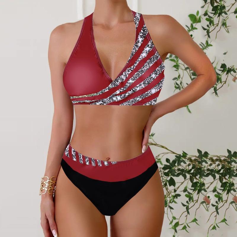 New bikini split print swimsuit women s splicing gathering swimsuit S