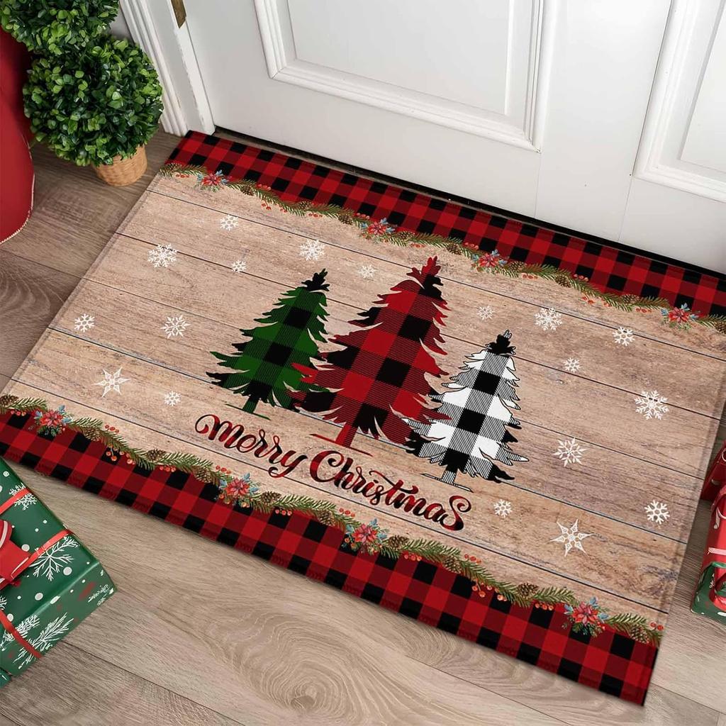 VIKAMA Retro Christmas Tree Entrance Rug Anti-Slip Kitchen Laundry Room Floor Mat Winter Welcome Door Mat Home Decoration