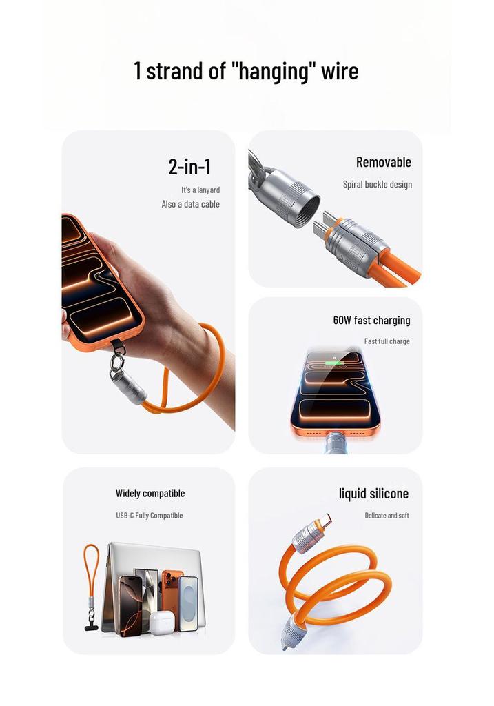 Dual Type-C & Lightning Zinc Alloy Silicone Lanyard Cable, 60W Fast Charger