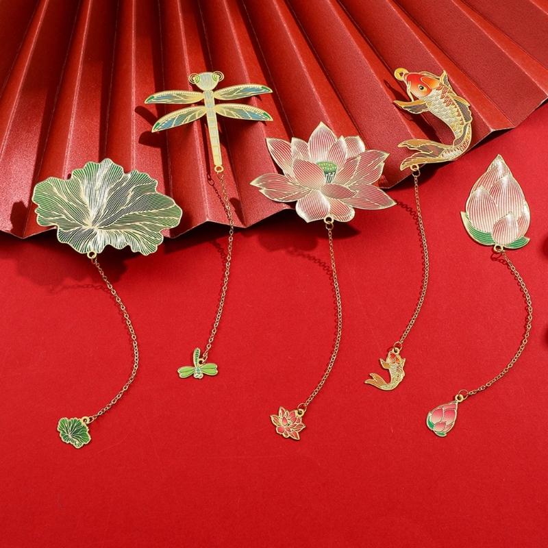 5 Pcs Chinese Style Bookmarks Page Markers Reading Bookmarkers Leaf Shape Bookmarks Metal Bookmarks with Tassels